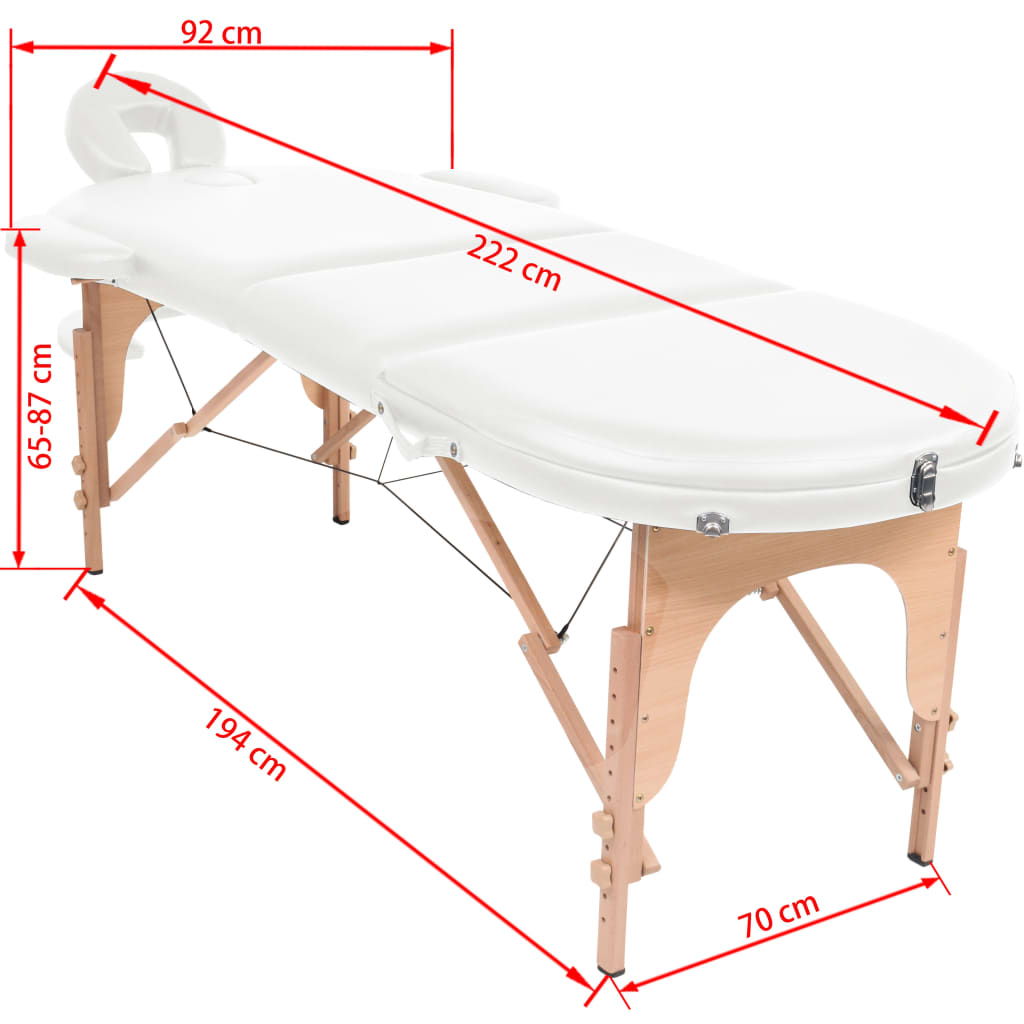vidaXL masāžas galds, saliekams, ovāls, 2 balsti, 4 cm, balts