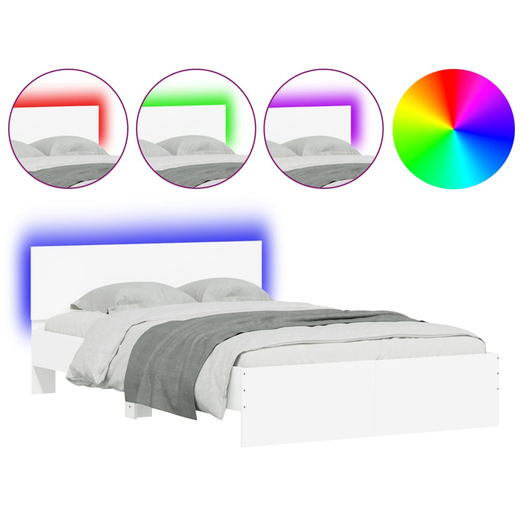 vidaXL gultas rāmis ar galvgali un LED, balts, 135x190 cm