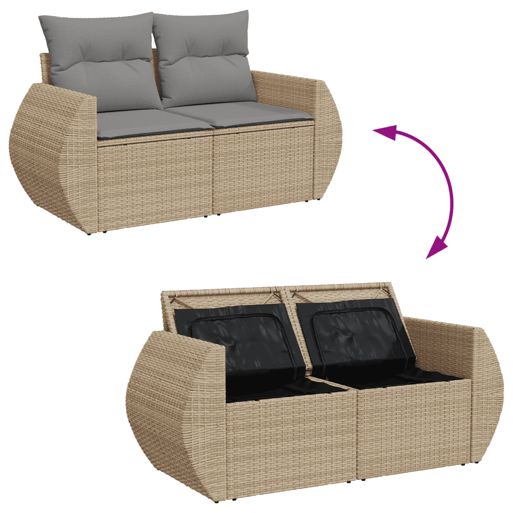 vidaXL 10-daļīgs dārza dīvāna komplekts, matrači, bēša PE rotangpalma