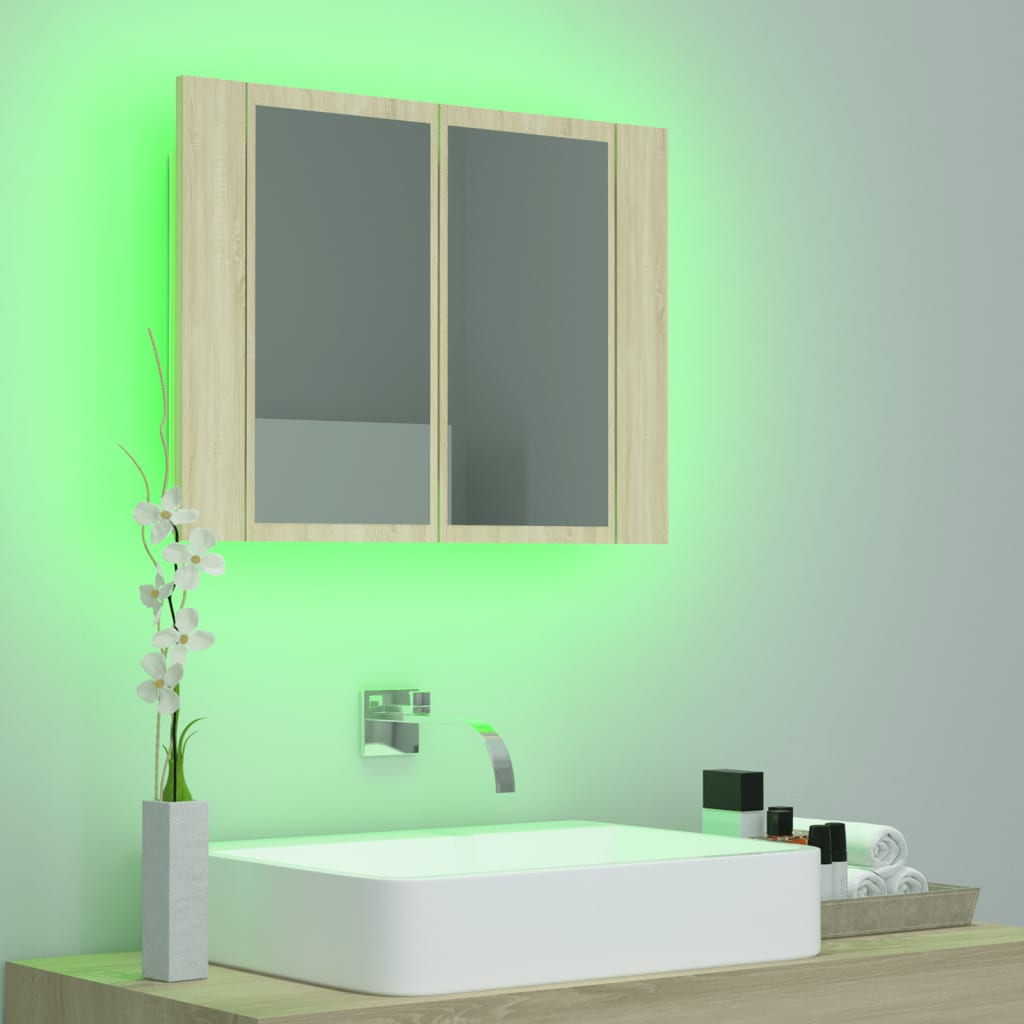 vidaXL vannasistabas spoguļskapītis, LED, ozolkoka krāsa, akrils