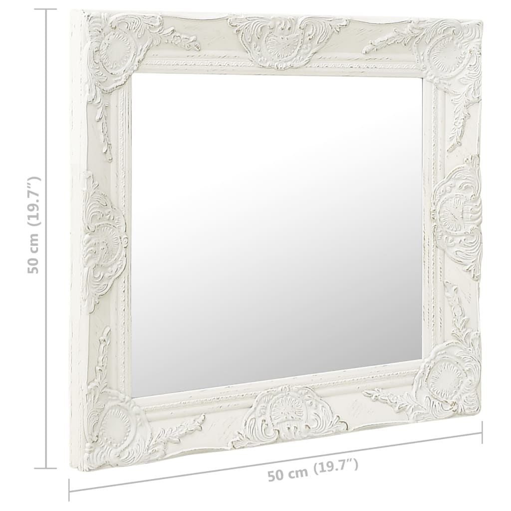 vidaXL baroka stila sienas spogulis, 50x50 cm, balts