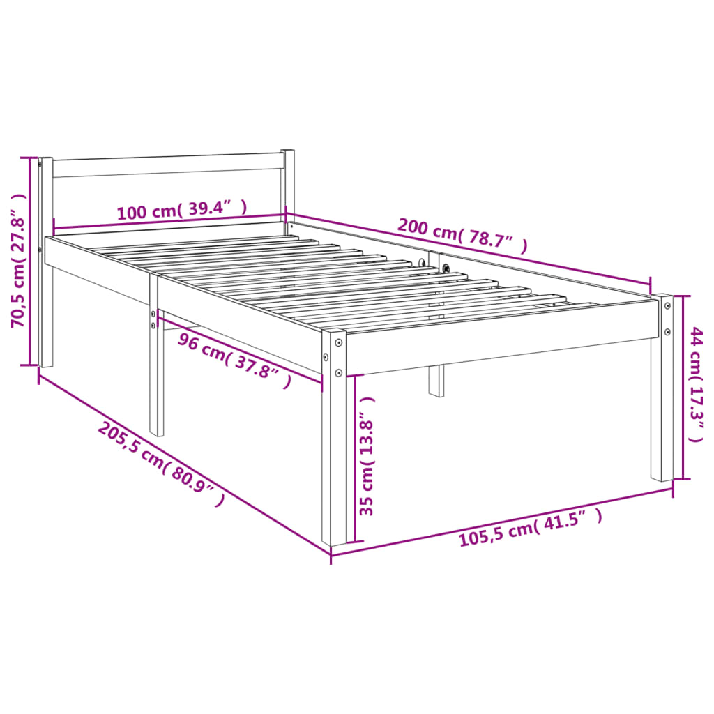 vidaXL senioru gultas rāmis, brūns, 100x200 cm, priedes masīvkoks
