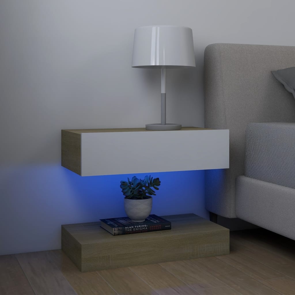 vidaXL TV plaukts ar LED lampiņām, 60x35 cm, baltā un ozolkoka krāsā