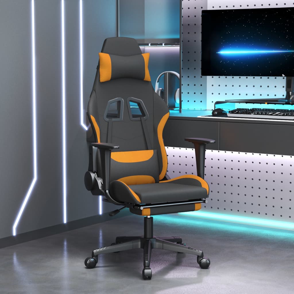 vidaXL datorspēļu krēsls ar kāju balstu, melns un oranžs audums