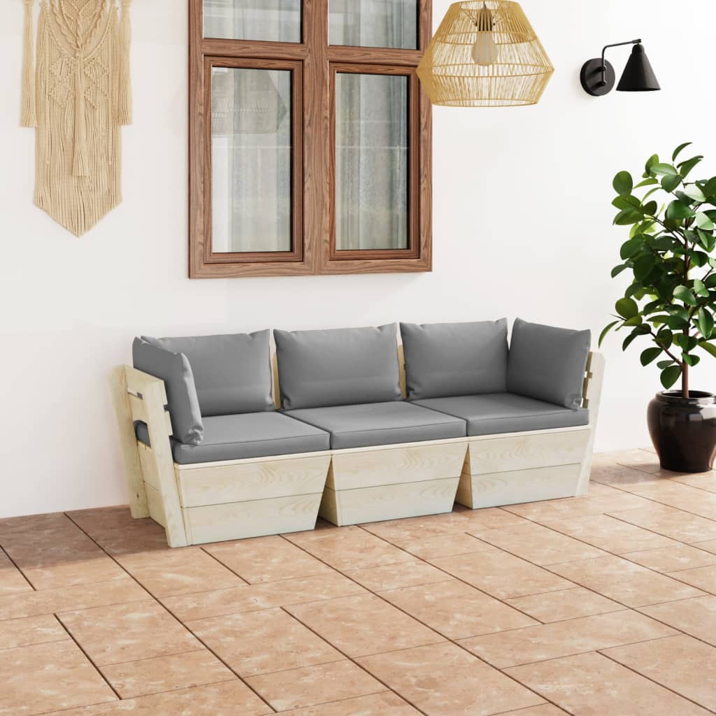 vidaXL 3-vietīgs dārza palešu dīvāns ar matračiem, egles koks