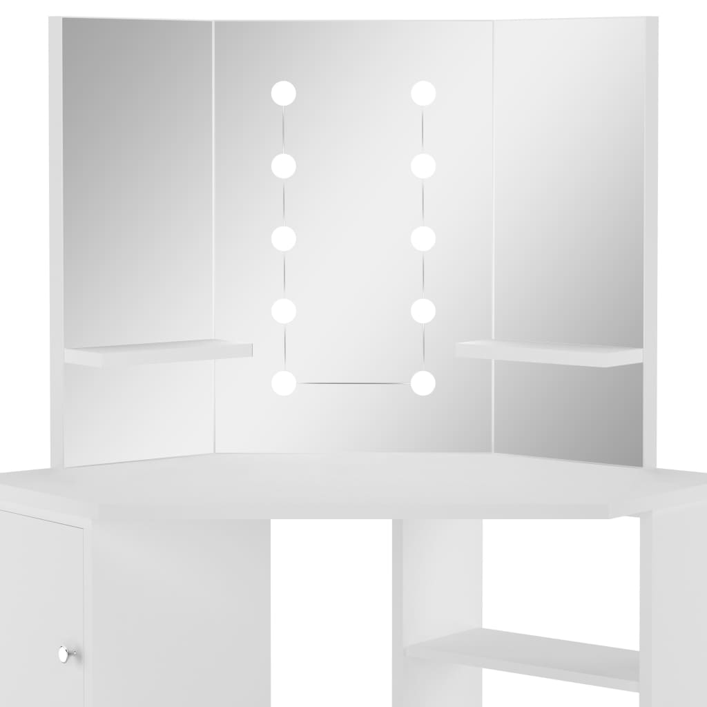 vidaXL stūra spoguļgaldiņš ar LED gaismām, balts