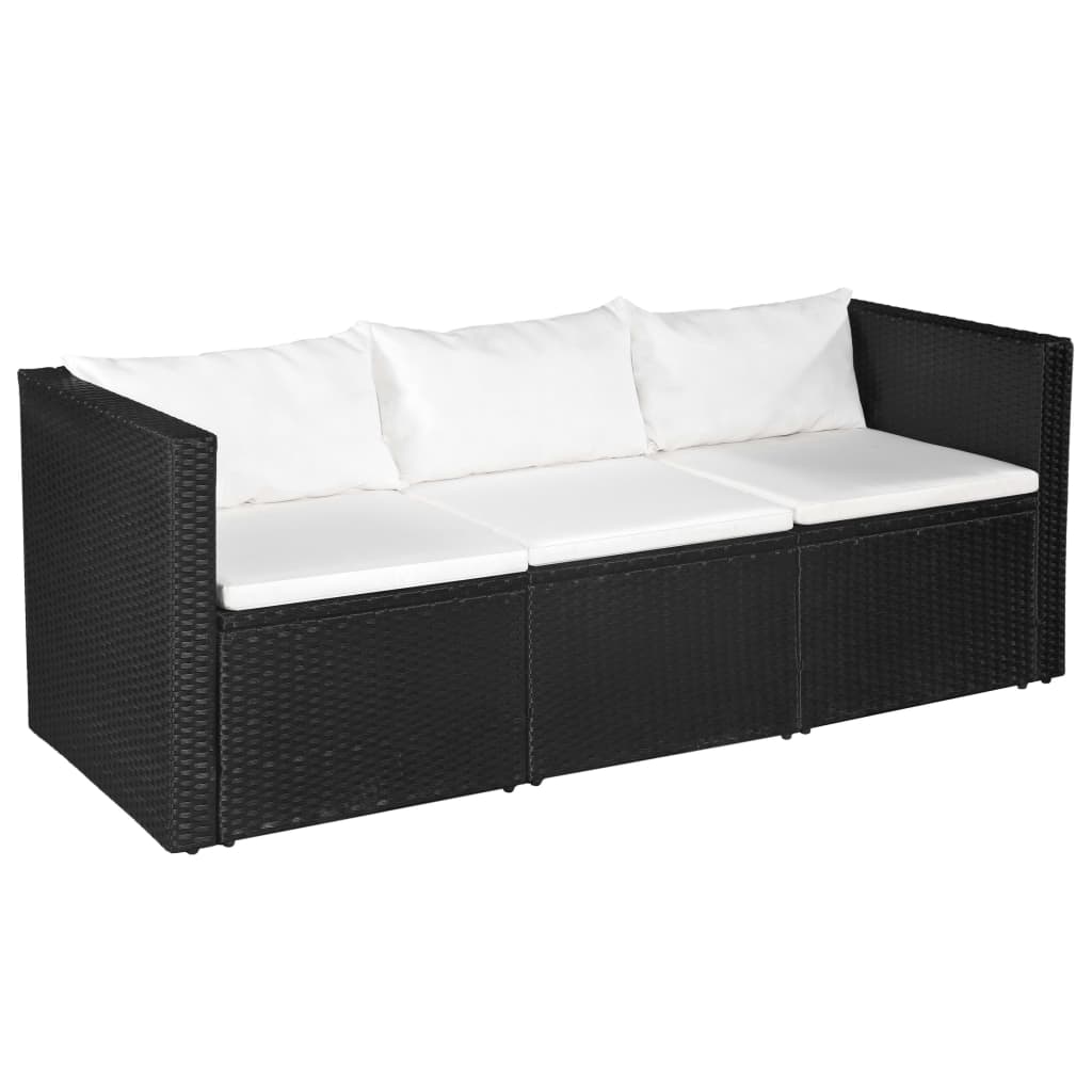 vidaXL trīsvietīgs dārza dīvāns, melna PE rotangpalma, balti matrači