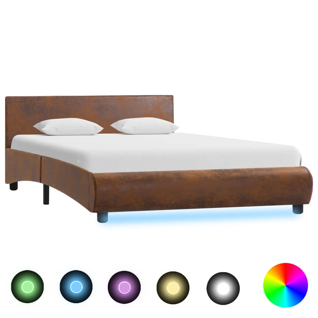 vidaXL gultas rāmis ar LED, brūns audums, 140x200 cm