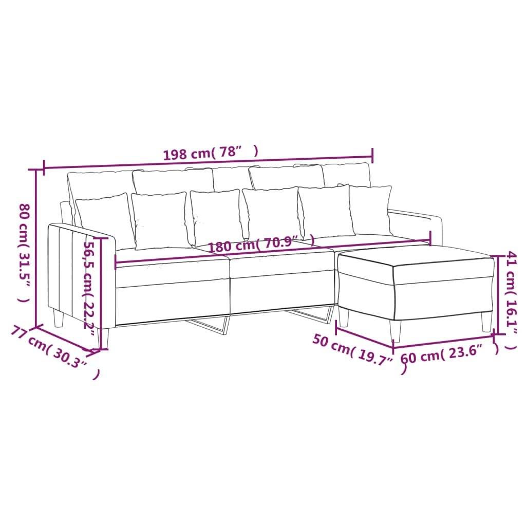 vidaXL trīsvietīgs dīvāns ar kājsoliņu, 180 cm, melns samts