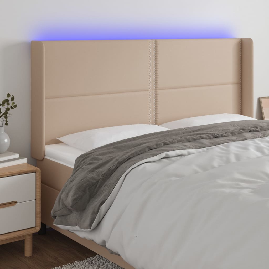 vidaXL gultas galvgalis ar LED, 163x16x118/128 cm, kapučīno