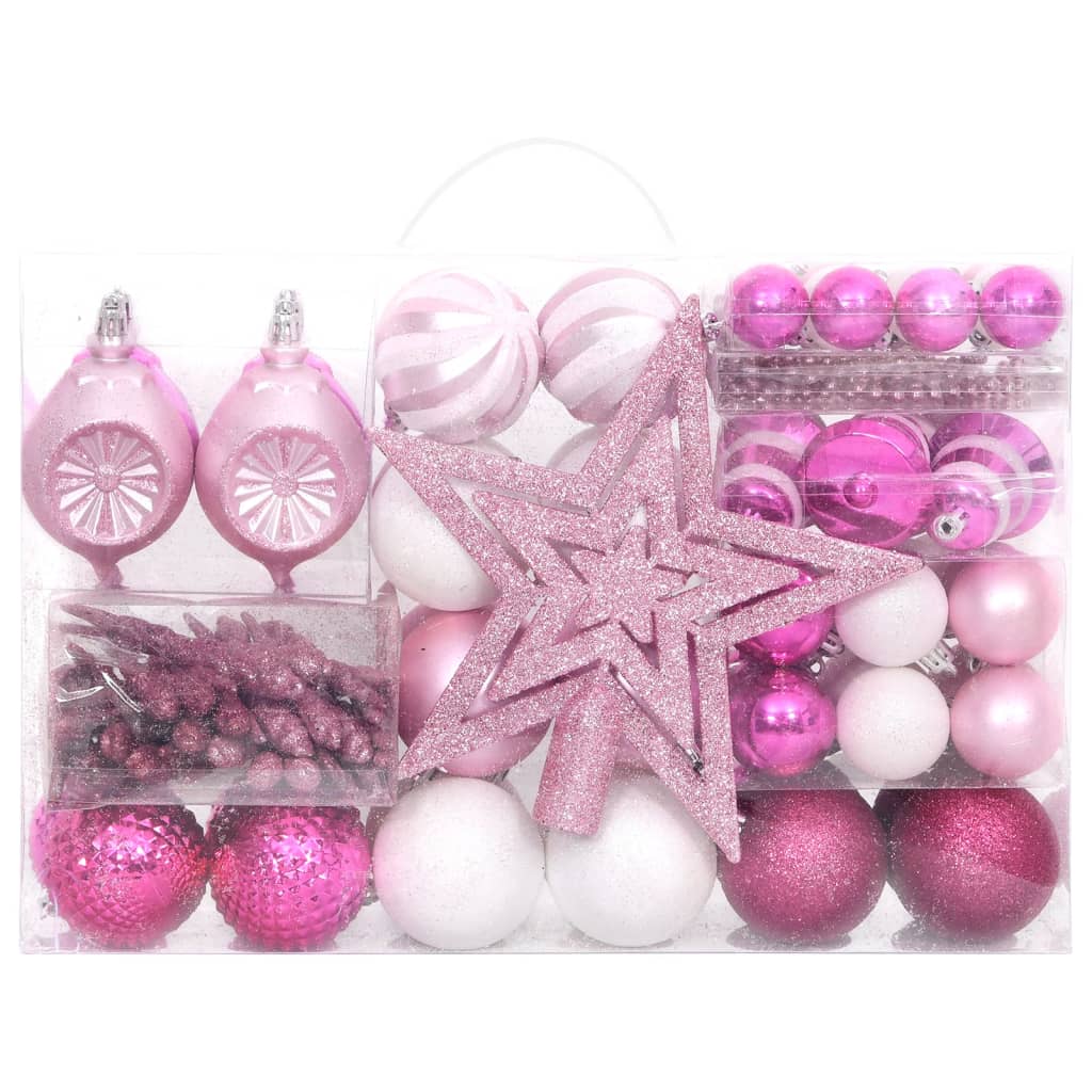 vidaXL Ziemassvētku eglīšu rotājumi, 108 gab., balti un rozā