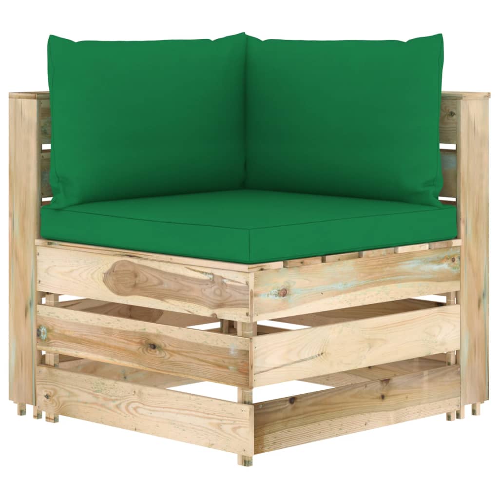 vidaXL moduļu stūra dīvāns ar spilveniem, zaļi impregnēts koks