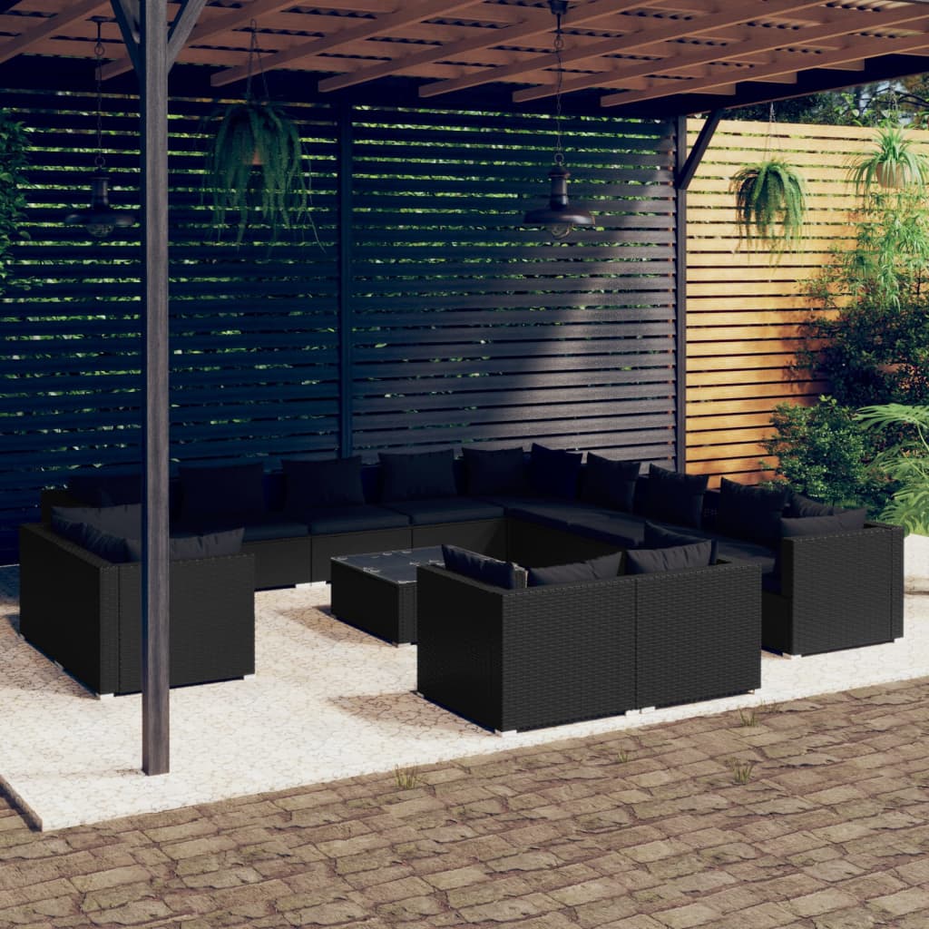 vidaXL 14-daļīgs dārza atpūtas mēbeļu komplekts, melna PE rotangpalma