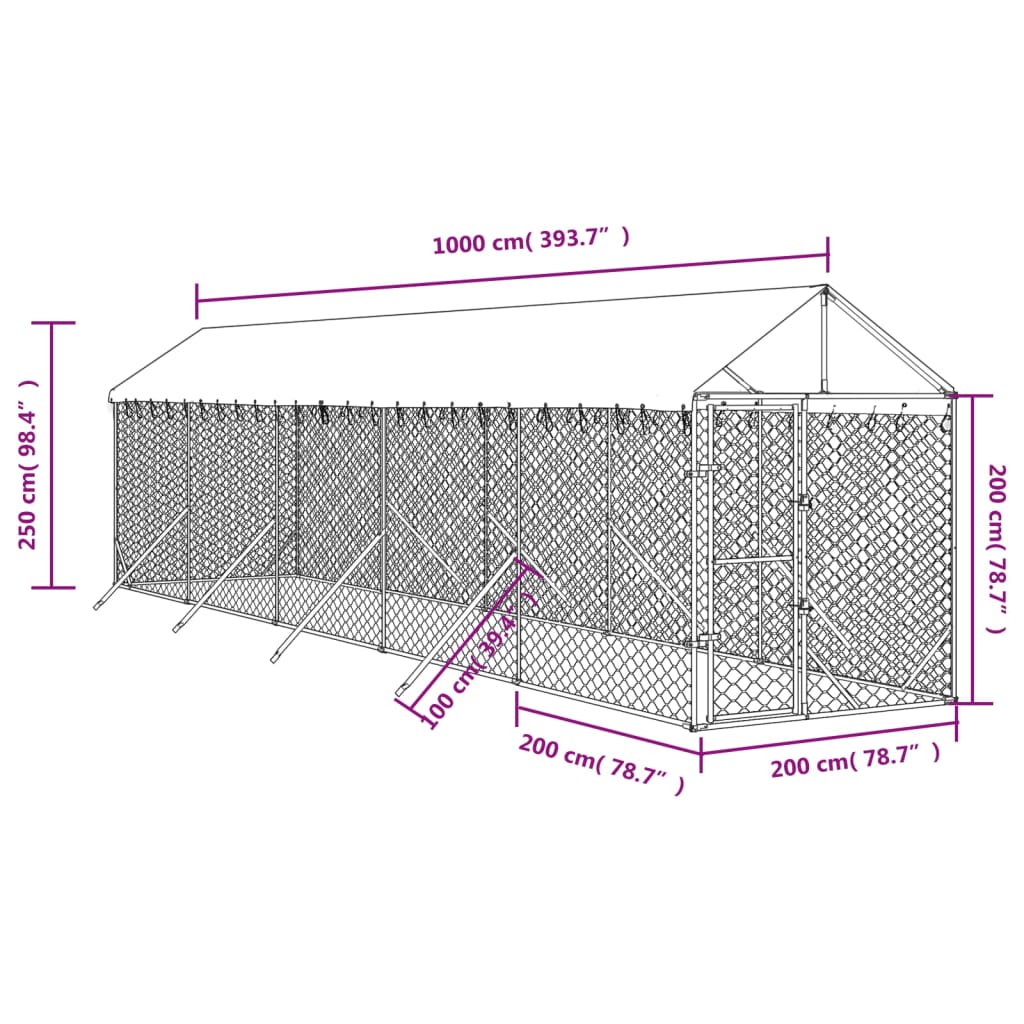 vidaXL suņu voljērs ar jumtu, 2x10x2,5m, cinkots tērauds,sudraba krāsā