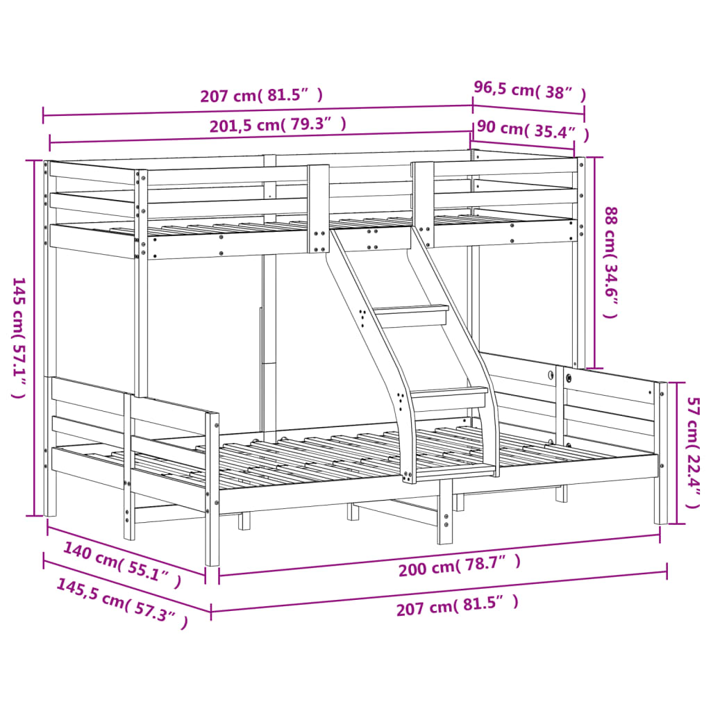 vidaXL divstāvu gulta, 90x200/140x200 cm, priedes masīvkoks