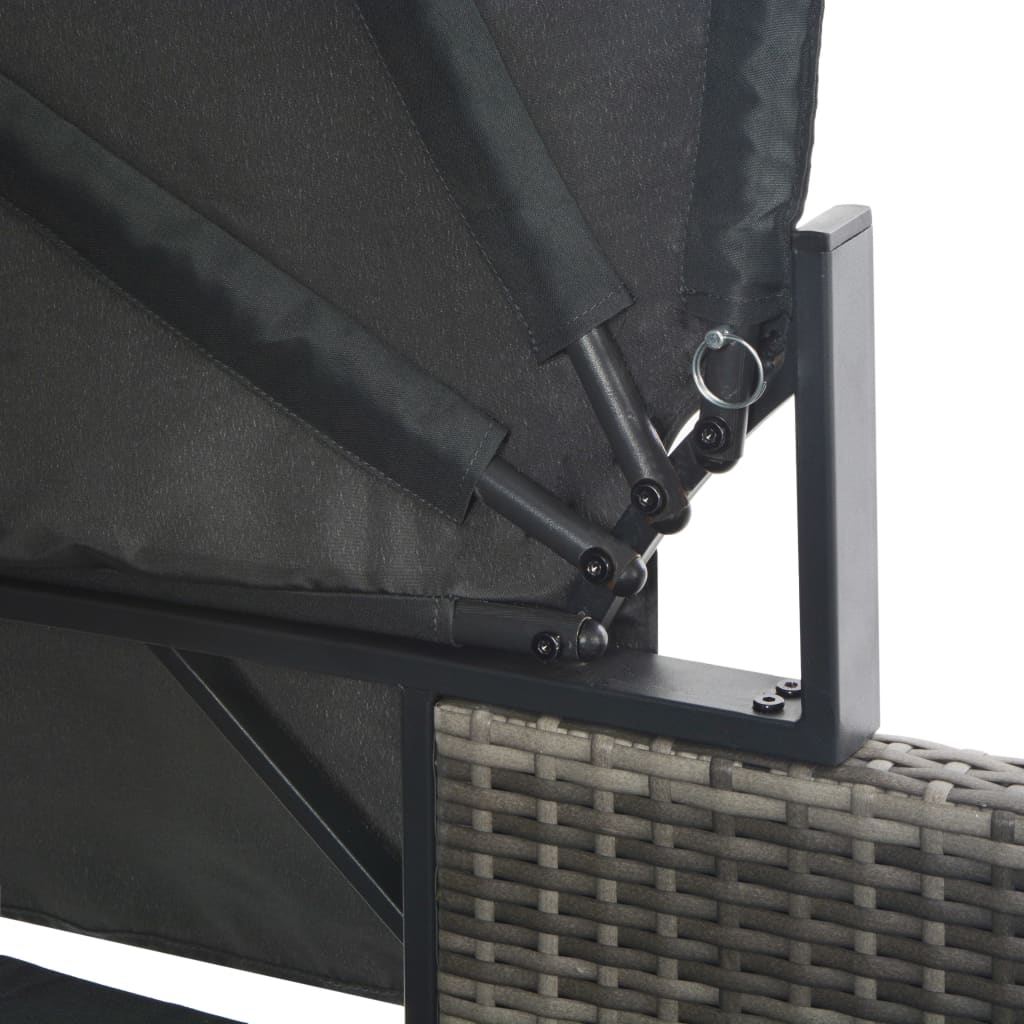 vidaXL divvietīgs sauļošanās zvilnis ar jumtiņu, pelēka PE rotangpalma