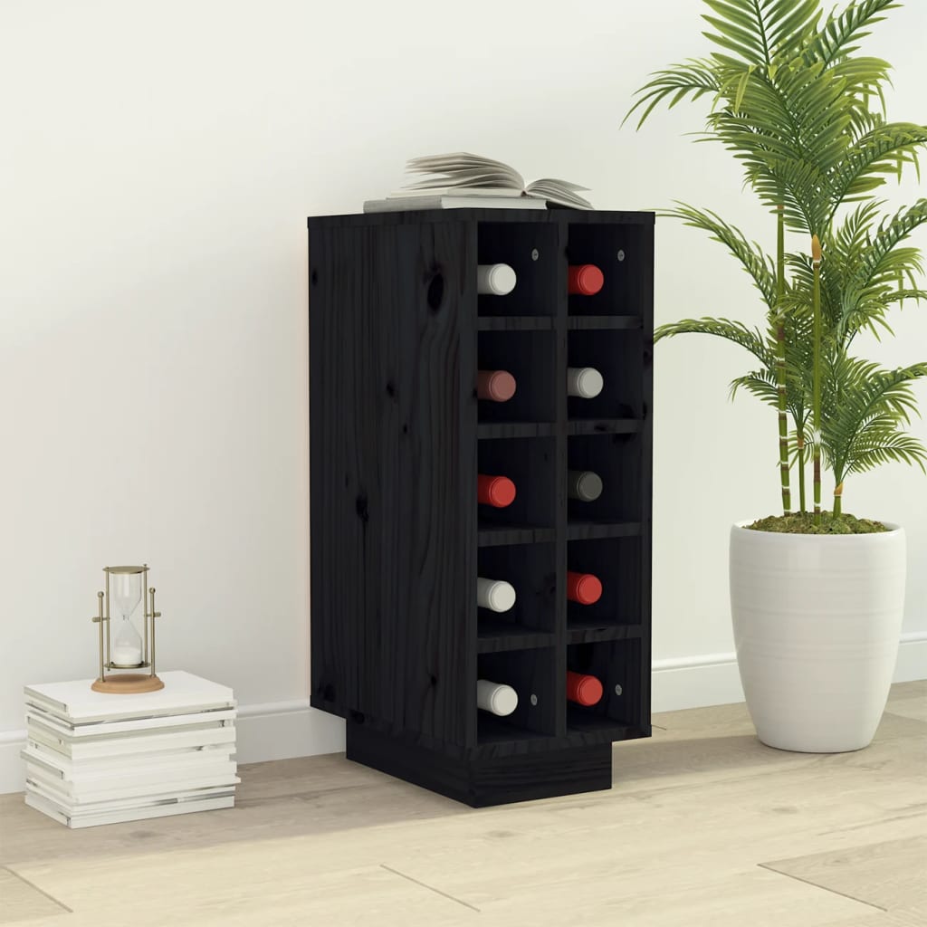 vidaXL vīna pudeļu plaukts, melns, 23x34x61 cm, priedes masīvkoks