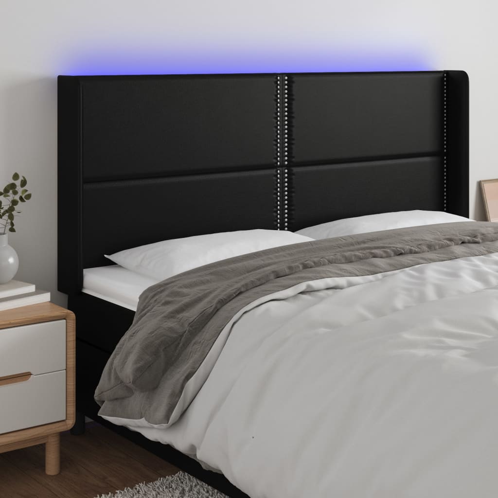 vidaXL gultas galvgalis ar LED, 183x16x118/128 cm, melna mākslīgā āda
