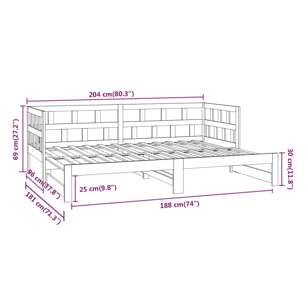 vidaXL izvelkama gulta, medus brūna, priedes masīvkoks, 2x(90x200) cm