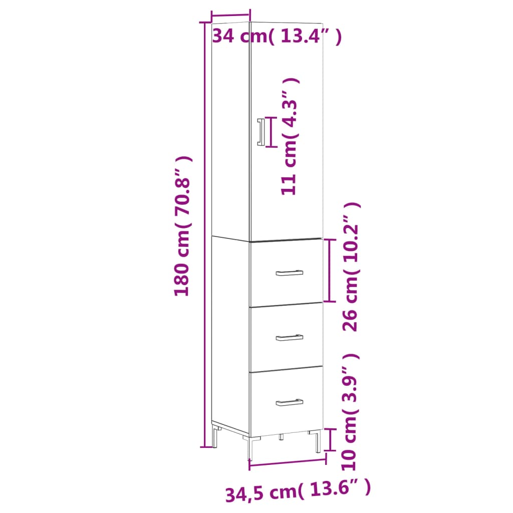 vidaXL augstais skapītis, melns, 34,5x34x180 cm, inženierijas koks