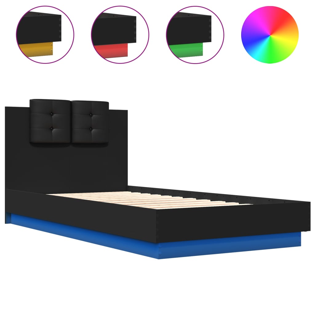 vidaXL gultas rāmis ar galvgali un LED, melns, 75x190 cm