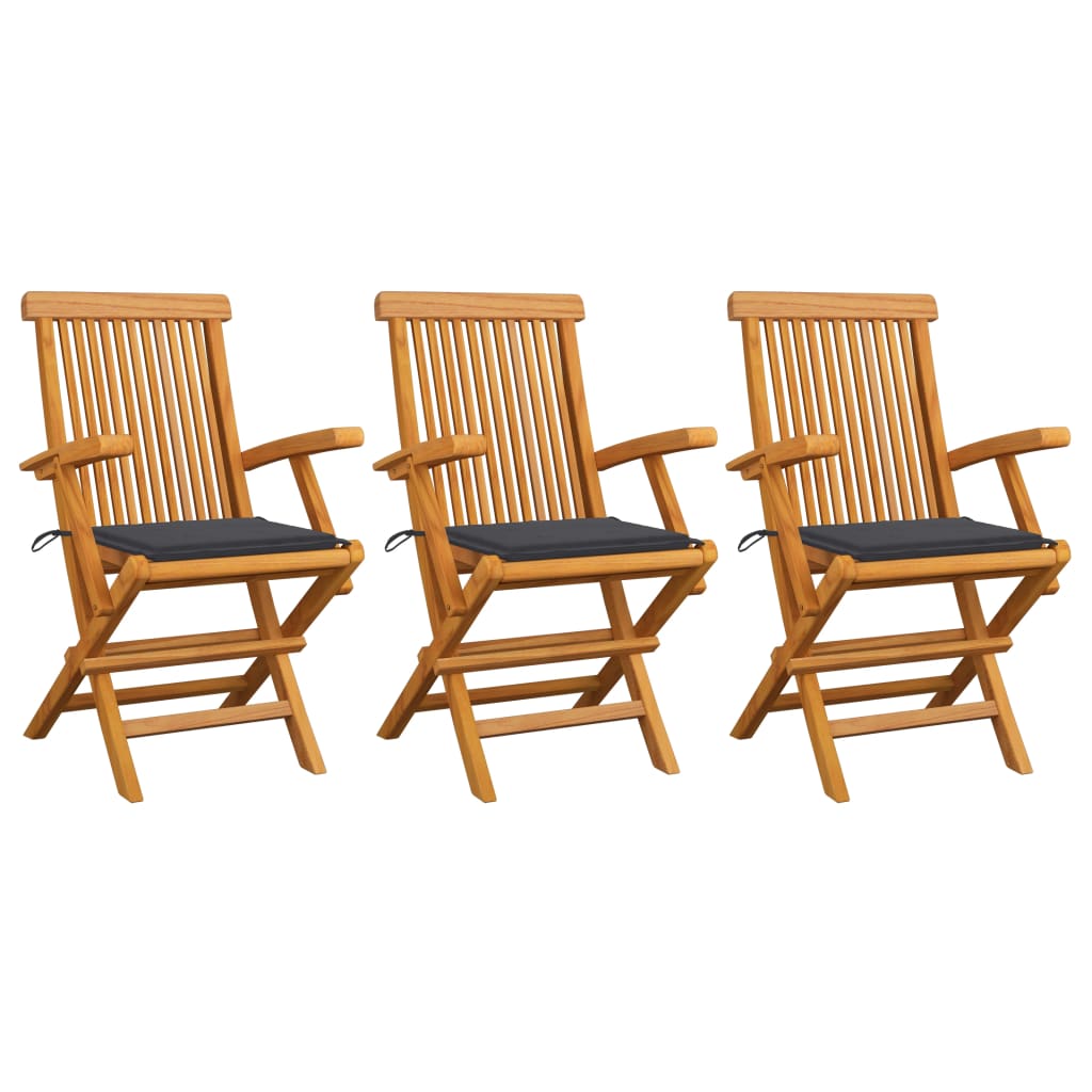 vidaXL dārza krēsli, antracītpelēki matrači, 3 gab., masīvs tīkkoks