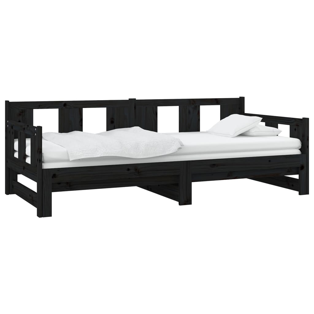 vidaXL izvelkama gulta, melna, priedes masīvkoks, 2x(90x200) cm