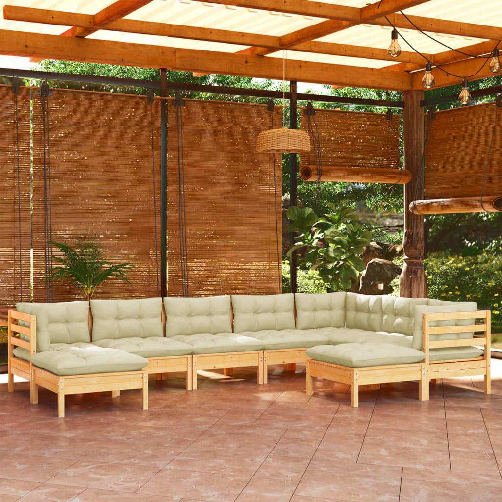 vidaXL 9-daļīgs dārza mēbeļu komplekts ar krēmkrāsas matračiem, priede