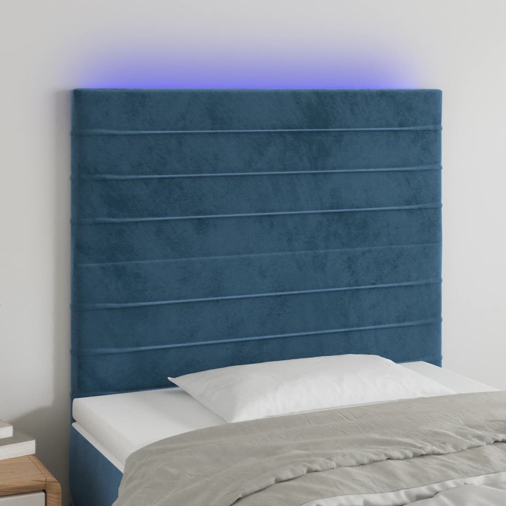 vidaXL gultas galvgalis ar LED, 100x5x118/128 cm, tumši zils samts