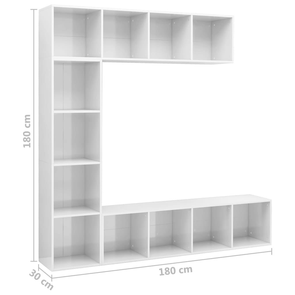 vidaXL 3-daļīgs grāmatu un TV plaukta komplekts, balts, 180x30x180 cm