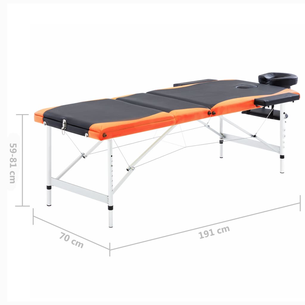 vidaXL saliekams masāžas galds, 3 daļas, alumīnijs, melns ar oranžu
