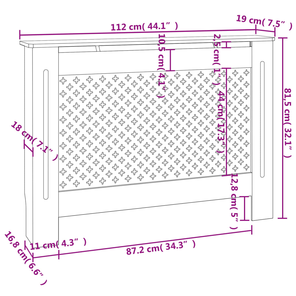 vidaXL radiatora pārsegs, 112x19x81,5 cm, MDF
