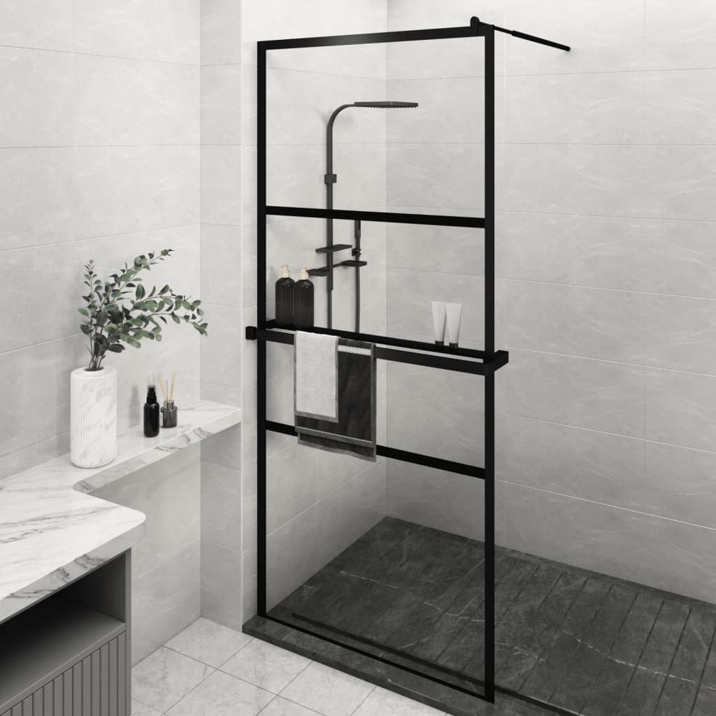 vidaXL dušas siena ar plauktu, melna, 90x195 cm, ESG stikls, alumīnijs