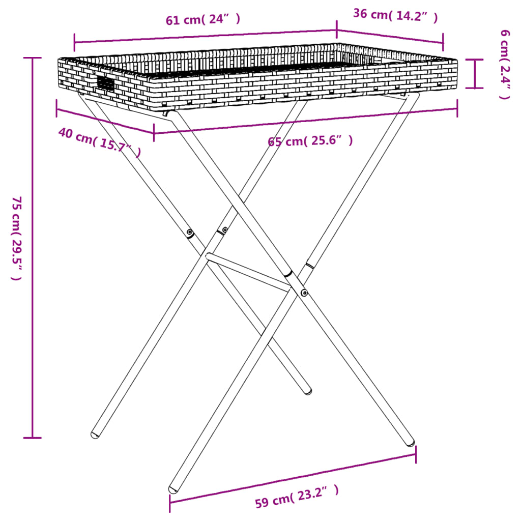 vidaXL saliekams galds, pelēks, 65x40x75 cm, PE rotangpalma