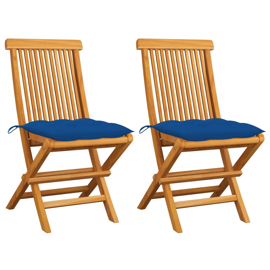 vidaXL dārza krēsli, zili matrači, 2 gab., masīvs tīkkoks