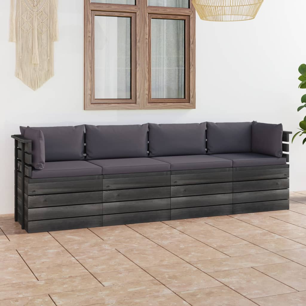vidaXL 4-vietīgs dārza palešu dīvāns ar matračiem, priedes masīvkoks