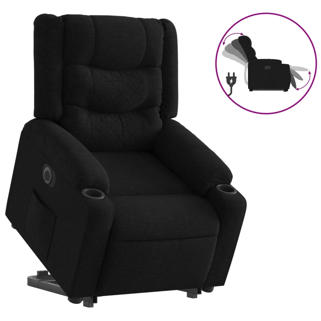 vidaXL elektrisks atpūtas krēsls, paceļams, atgāžams, melns audums