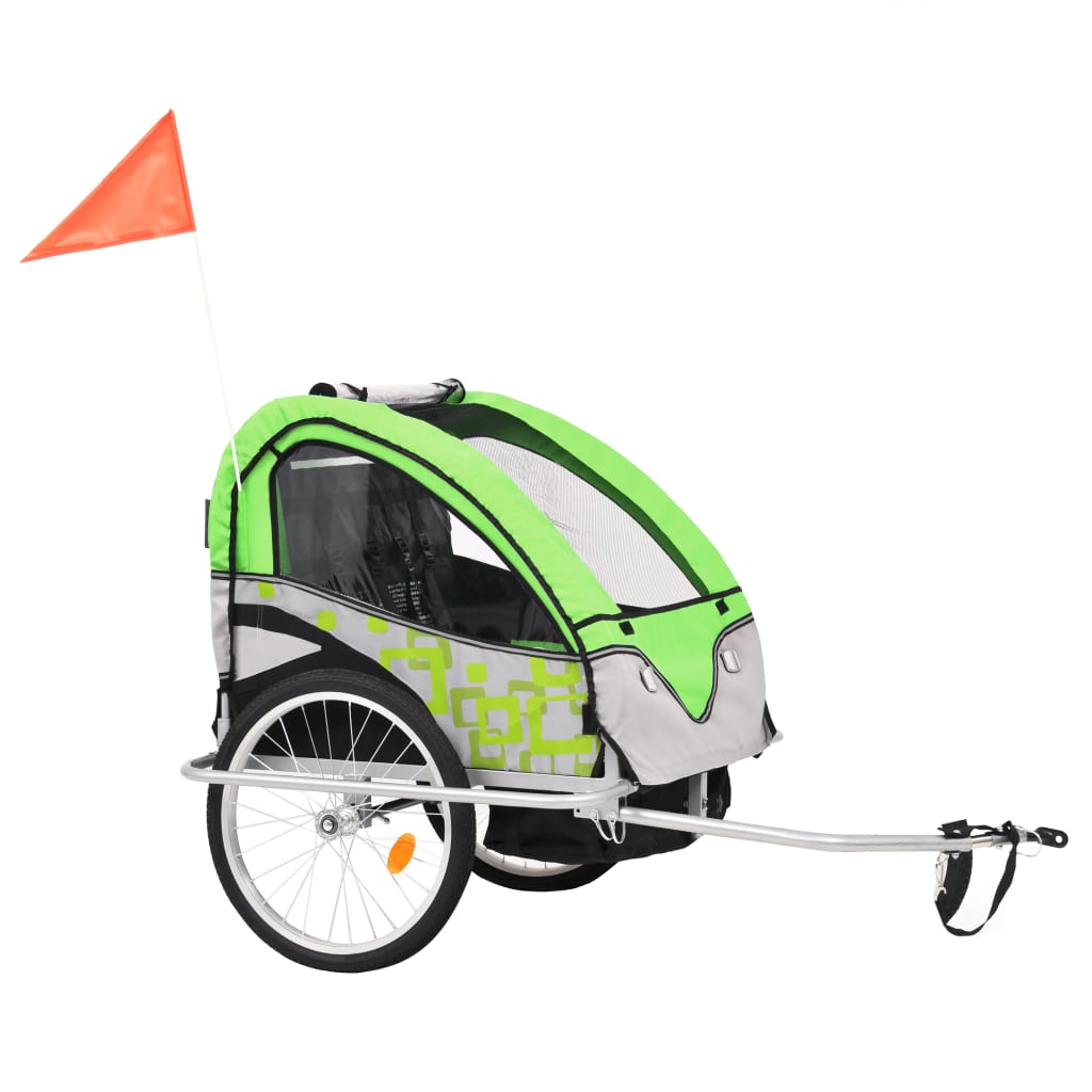 vidaXL bērnu velo piekabe, ratiņi, zaļi ar pelēku