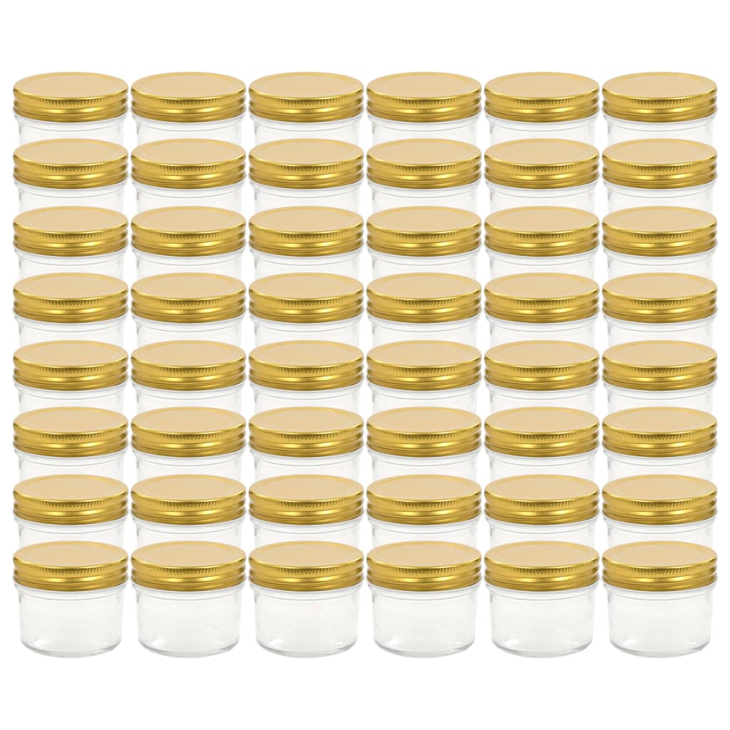 vidaXL ievārījuma burciņas, zelta krāsas vāciņi, 48 gab., 110 ml