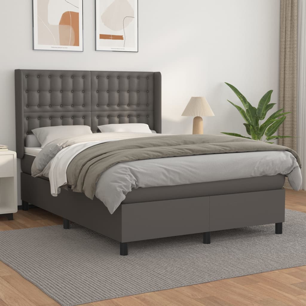 vidaXL atsperu gulta ar matraci, pelēka, 140x190 cm, mākslīgā āda