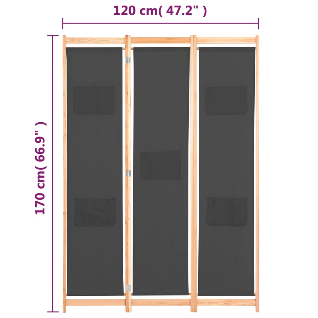 vidaXL 3-paneļu istabas aizslietnis, 120x170x4 cm, pelēks audums