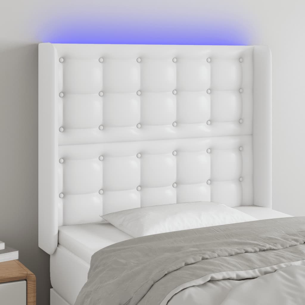 vidaXL gultas galvgalis ar LED, 83x16x118/128 cm, balta mākslīgā āda