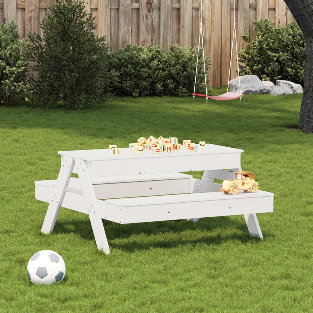 vidaXL piknika galds ar smilšu kasti bērniem, balts, priedes masīvkoks