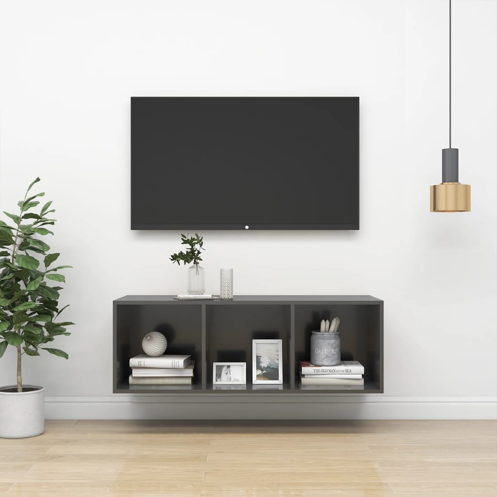 vidaXL sienas TV skapītis, spīdīgi pelēks, 37x37x107cm, skaidu plāksne