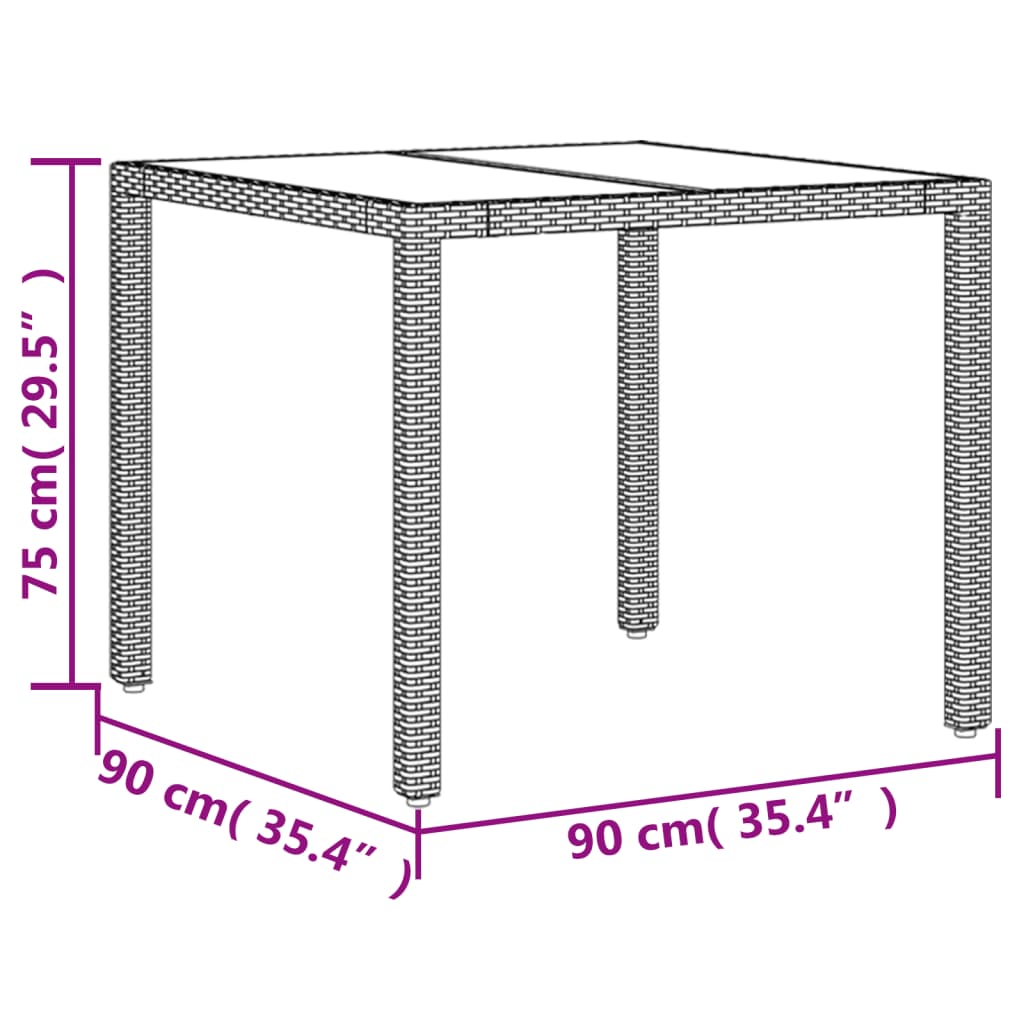 vidaXL dārza galds ar stikla virsmu, 90x90x75 cm, brūna PE rotangpalma