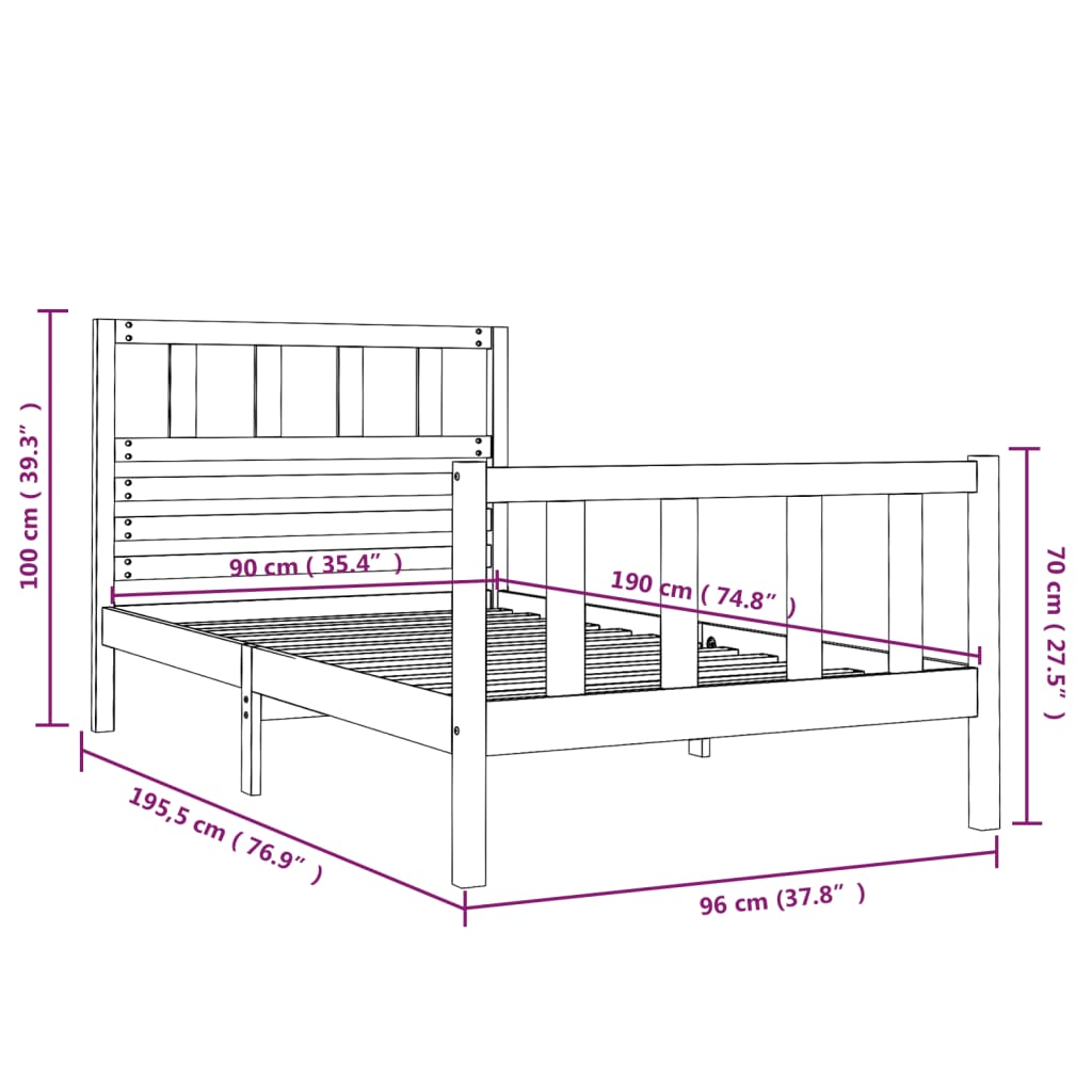 vidaXL gultas rāmis, 90x190 cm, vienvietīgs, masīvkoks