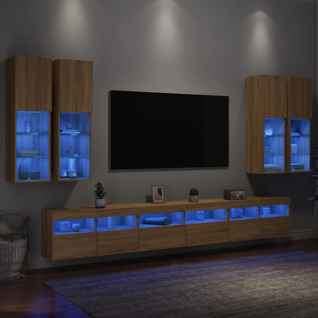 vidaXL TV sienas skapīši ar LED, 7 gab., koka krāsa