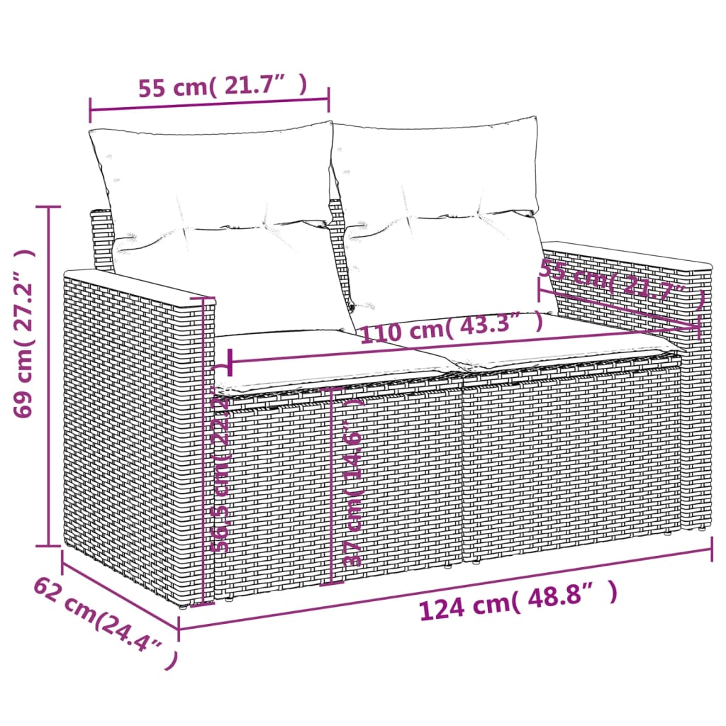 vidaXL divvietīgs dārza dīvāns ar matračiem, bēša PE rotangpalma