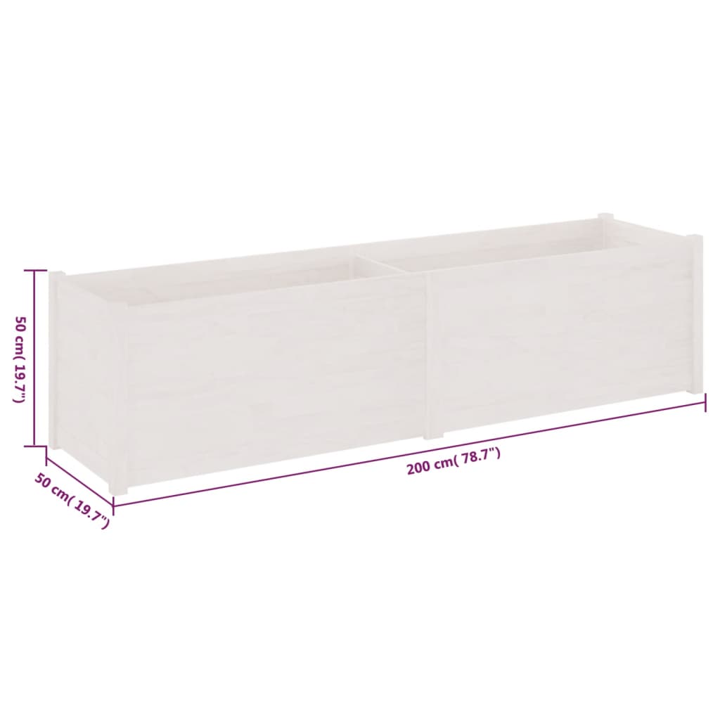 vidaXL dārza puķu kaste, 200x50x50 cm, balta, priedes masīvkoks