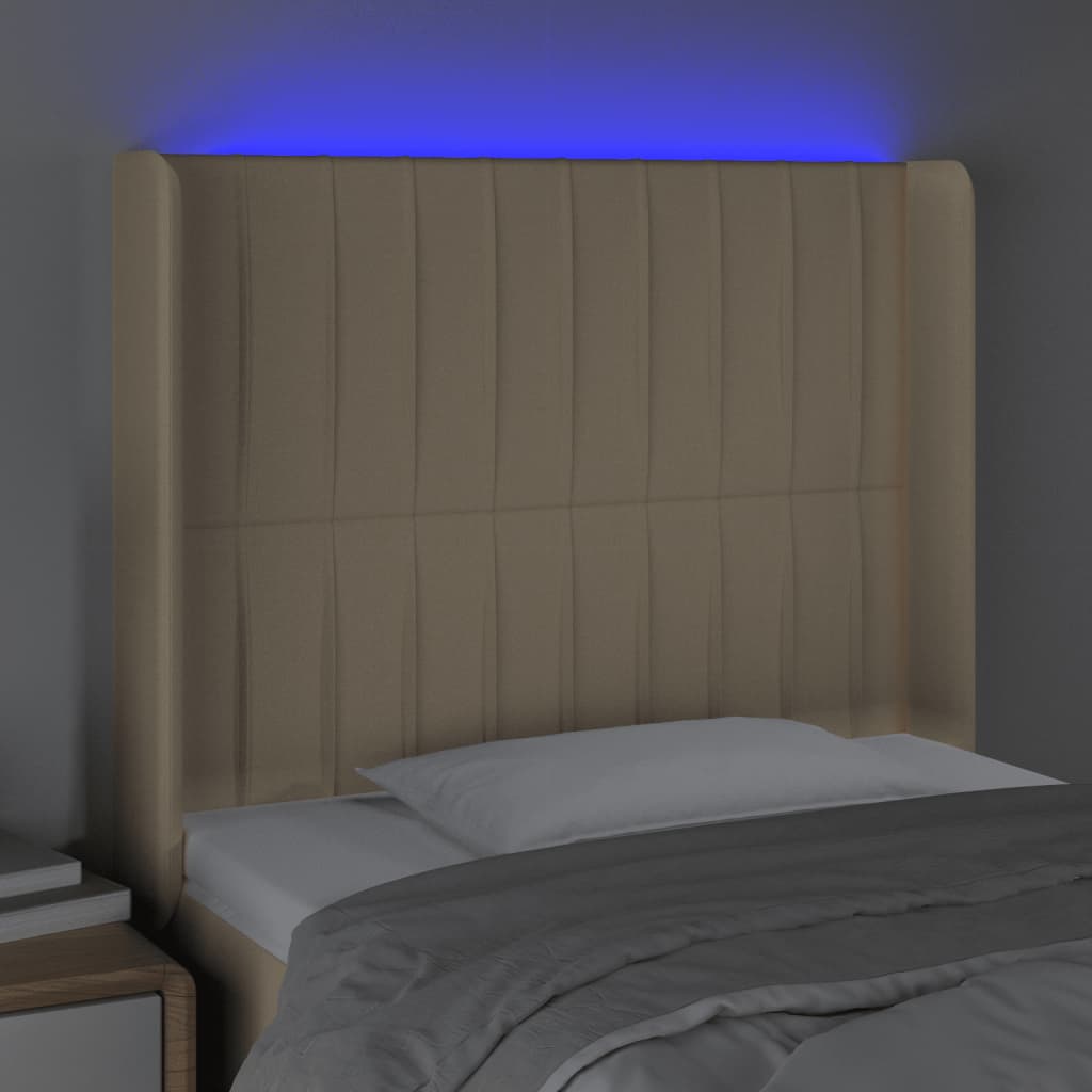 vidaXL gultas galvgalis ar LED, 93x16x118/128 cm, krēmkrāsas audums